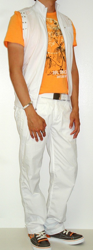 White Vest White Belt White Pants Orange Graphic Tee Brown Orange Shoes