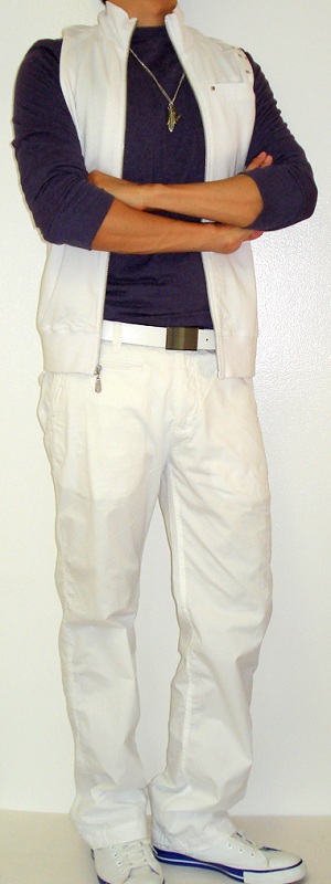 White Vest White Belt White Pants White Shoes Purple T-Shirt