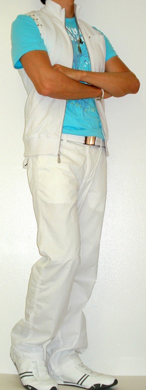 White Vest White Belt White Pants White Slip On Sneakers Blue Graphic Tee
