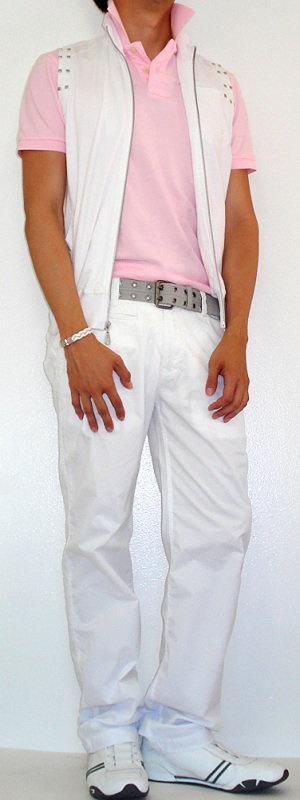 Men's White Vest White Pants Gray Cotton Belt Pink Polo White Shoes