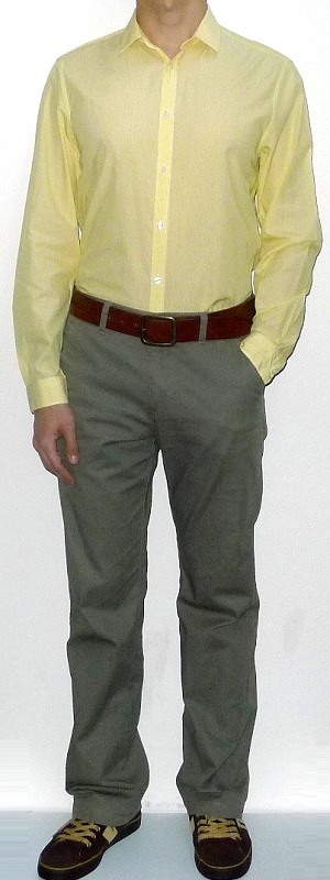 Men's Yellow Long Sleeve Shirt Brown Leather Belt Khaki Pants Brown Sneakers