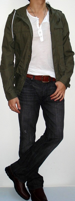 Dark Green Jacket White T-shirt Brown Belt Black Jeans Brown Shoes - Men's  Fashion For Less