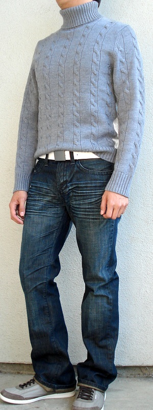 Gray Turtleneck Sweater Gray Sneakers Dark Blue Jeans White Belt - Men ...