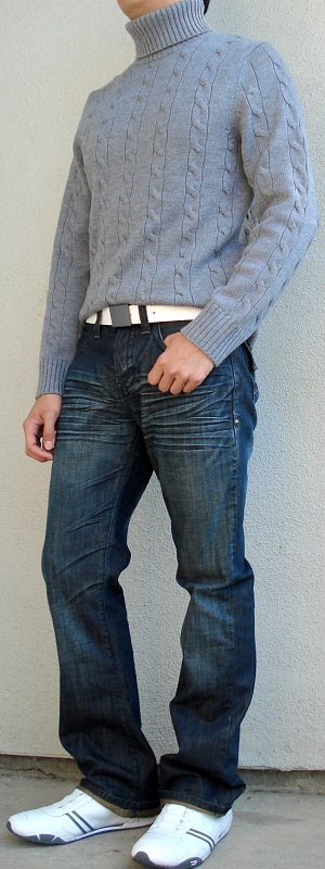 Gray Turtleneck White Belt White Shoes - Men's Fashion For Less